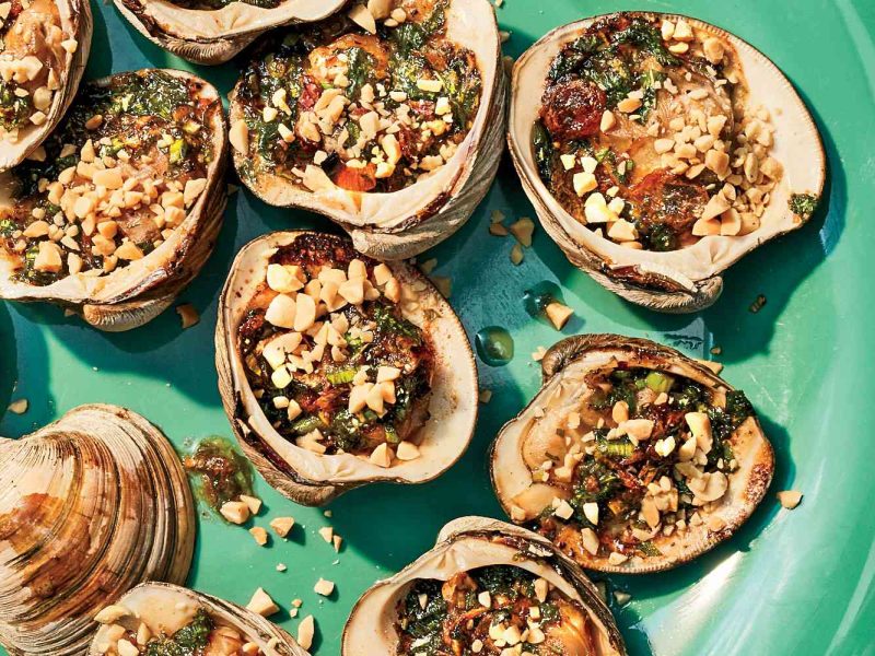 What Is grilled clams with green onion, peanuts, oil?